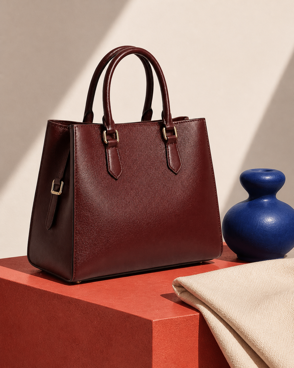 Borsa strutturata color borgogna in una composizione editoriale