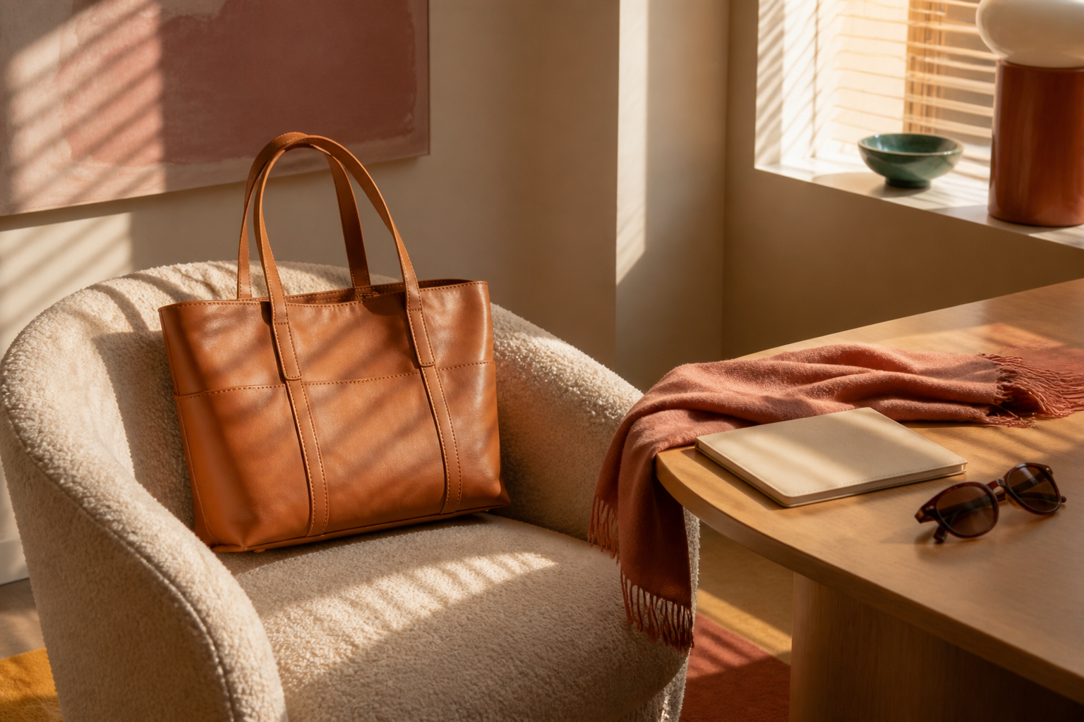Borsa tote color caramello su una poltrona in un interno luminoso